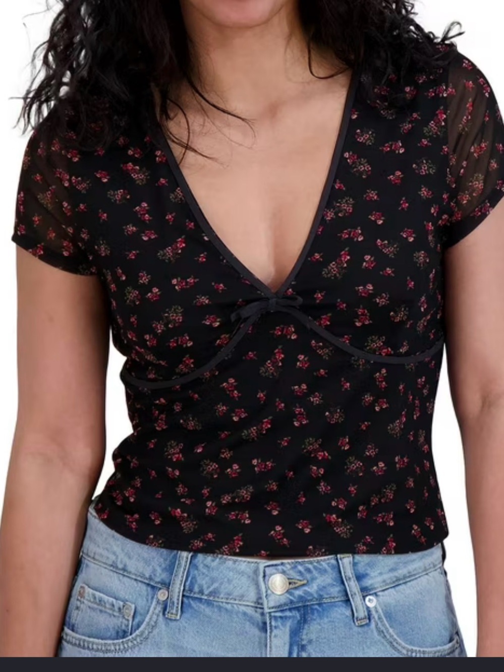 Aeropostale Black Mesh V-Neck Crop Top with Red Floral Print